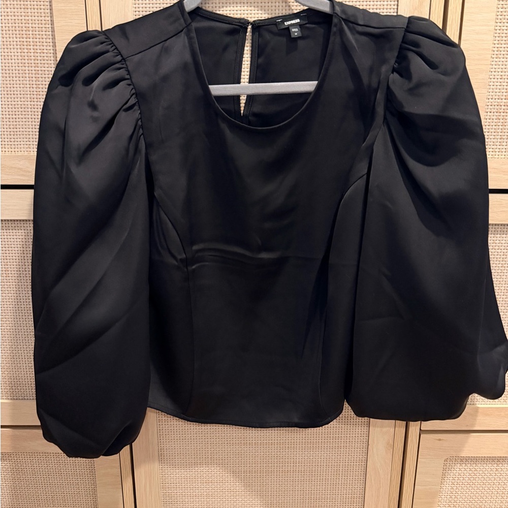Express Black Puff-Sleeve Satin Blouse